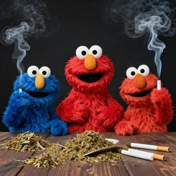 a surreal dream featuring sesame street characters, marijuana, smoke, joints, weed, cigarettes, smoking