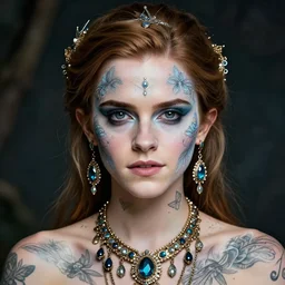 portrait of fairy, symmetric, facepaint facepaint facepaint, intricate jewelry, neck jewelry, earrings, trending on artstation 4 k, high quality, in the style of karol bak and tom bagshaw, bust with face of emma watson, tattoos