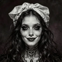 a beautiful smiling fancy undead skull lady with with a handkerchief on the head by dan mumford and gil elvgren