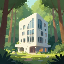 an illustration of a post - modern building in the woods, trending on artstation, central composition, very cartoon, shape focus, high detailed, by kenton nelson