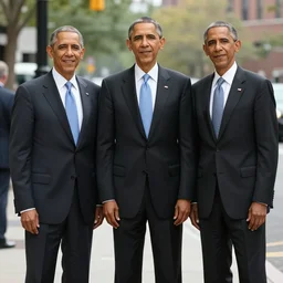 A long-shot , color school photograph portrait of three Obama standing on the street, summer, day lighting, 1990 photo from Japanese photograph Magazine.