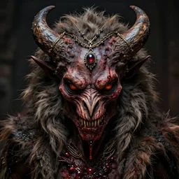 photograph of an extinct animal from hell, revenge, dangerous, evil, bloody, small necklace on the head, fur jewelry, intricate details, symmetrical, breath - taking, exif, trending on artstation, cgsociety, by wlop and artgerm