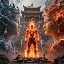 the incarnate of fire, standing in front of a mountain temple, fantasy character portrait made of fractals facing each other, ultra realistic, wide angle, intricate details, the fifth element artifacts, highly detailed by peter mohrbacher, hajime sorayama, wayne barlowe, boris vallejo, aaron horkey, gaston bussiere, craig mullins