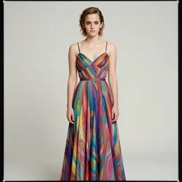 emma watson wearing psychedelic dress, full body! shot, perfect symmetrical body, perfect symmetrical face, perfect eyes!!, by charlotte grimm, natural light, detailed face, canon eos c 3 0 0, ƒ 1. 8, 3 5 mm, 8 k, medium - format print