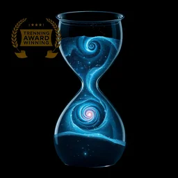 an hour glass full of liquid cosmos. the liquid contains spiral galaxies and nebulas. dark background. trending. award - winning. striking. dramatic. epic. dynamic. bold.