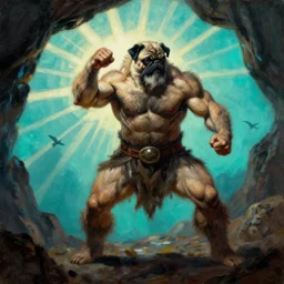 muscular pug barbarian hunter  full hairy body fighting pose , sun rays , big shadows, small bird sihouettes  in cyan background , very textured detailed  oil painting by rembrandt , hard backlight , in dark cave