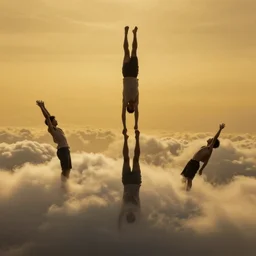 1 0 0 bodies falling from the clouds, dramatic positions, dramatic lighting, golden background, harmonic color palette
