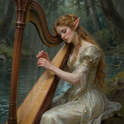 portrait of queen of the elves playing a harp,  sad and exhausted by the river, ethereal, expressive pose, intricate dress, fantasy, intricate,  forest background, highly detailed, digital painting, artstation, concept art, smooth, sharp focus, illustration, art by artgerm and greg rutkowski and alphonse mucha