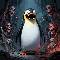 cyber penguin with shark teeth in fallout 4, horror scene, artgerm, rutkowski, tooth wu, beeple, and intricate