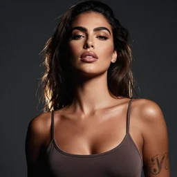 studio photo of a young brazilian woman with bushy eyebrows, thick lips, looking at the camera, wearing a camisole, low contrast, octane, arney freytag, Fashion photo shoot, glamorous, tattoos,shot in the photo studio, backlit, rim lighting, 8k