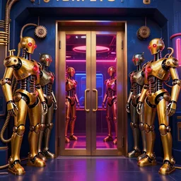 entrance door to a futuristic nightclub, in front of the door are 7 golden and blue metal humanoid steampunk robots wearing and gears and tubes, eyes are glowing red lightbulbs, shiny crisp finish, 3 d render, 8 k, insaneley detailed, fluorescent colors, background is back yrad of a nightclub, nightlight