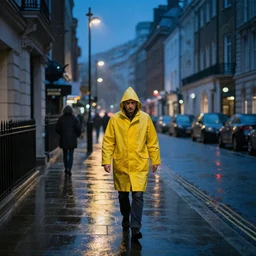 a man in a yellow raincoat walks alone through the lonely streets of london at night and rain