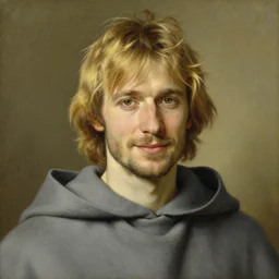 a man aged 4 0 with tousled blonde hair and hazel eyes and a friendly expression. he is handsome, clean shaven and wearing a grey cloak. head and shoulders portrait painting by artgerm and greg rutkowski and alphonse mucha.