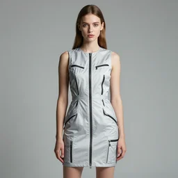 a copic maker portrait of a russian girl detailed features wearing a cargo wedding dress - sporty, sleek, tech utility - chic trend. lots of zippers, pockets, synthetic materials, jumpsuits chic'techno fashion trend by issey miyake and balenciaga
