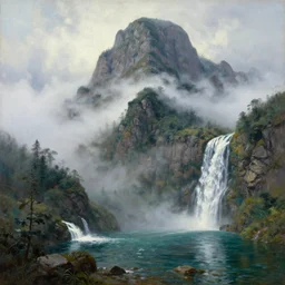 a giant mountain covered in mist, with a waterfall that leads to a lake, highly detailed, oil painting, by alard monsma, by picasso