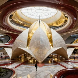 interior of a futuristic lotus temple space station with gold, red and white marble panels, by santiago calatrava and zaha hadid and  buckminster fuller and syd mead, intricate contemporary architecture, photo journalism, photography, cinematic, national geographic photoshoot
