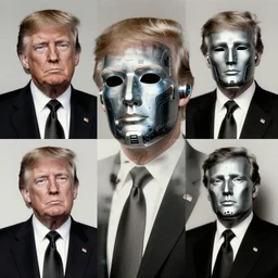 Donald Trump portraits of a anthropomorphic-robot cyber-face techno mask in black tie suit retro photo by Louis Daguerre