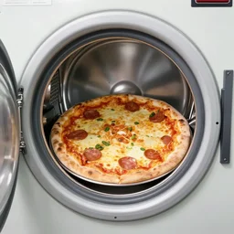 a pizza in a washing machine by simon stalenhag and robbert sammelin and eric persson, 4 k, hd wallpaper, hdr, tonemapping, detailed, atmospheric, majestical lighting, saturated, wet