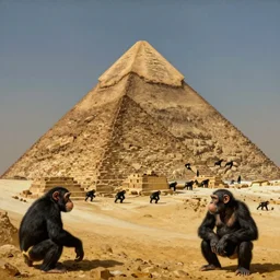 chimpanzees building the great pyramid of giza, painting by hans glaser,