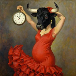 highly detailed painting of pregnant flamenco dancer with a black bull head wearing red flower dress and holding up a stop watch by tamara de lempicka