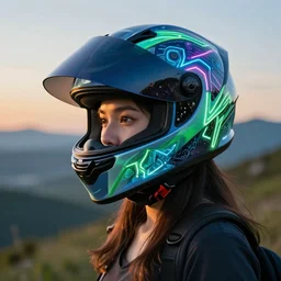 a woman wearing a helmet which has neon on it very detailed with a great landscape, artstation unreal