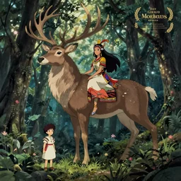 illustration of a magical tribal sorceress on a huge majestic stag in a forest by hayao miyazaki and jean giraud moebius