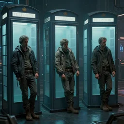 weary miners look at opaque phone booths. storyboard, scifi cyberpunk. by gabriel hardman, joe alves, chris bonura. cinematic atmosphere, detailed and intricate, perfect anatomy
