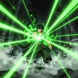 a legendary man emanating green lasers, fog, laser beams, artstation, fantasy, magic, mysterious, bright colors, mythical, 8 k, sakuga anime, ultra - hd, ultradetailed strobe, volumetric light by hirohiko araki
