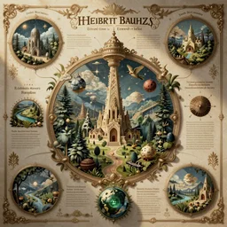 bold ornate fantasy ecosystem infographics in the style of Herbert Bauer, Edward Tufte, David McCandless,