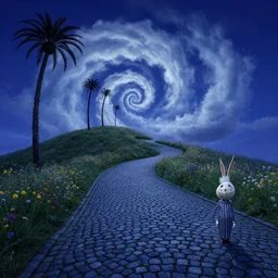 blue hour, curled perspective digital art of spiral clouds cobblestone street with wildflowers top of a hill with spiral palmtrees by anton fadeev from nightmare before christmas. horton hears a who!