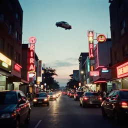 cinestill 8 0 0 t photograph of a neon lit - african urban street - with flying vehicles,