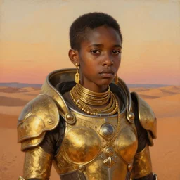 a young sad dejah thoris on mars wearing ornate detailed space armor made of gold, after a battle, closeup portrait, gold jewelry, sand dunes to the horizon, fantasy, smooth, wallpaper, sunset, oil painting on canvas, john singer sargent