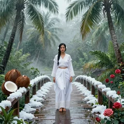 monsoon on tropical island, attractive oriental native in white, frontal, ornate, beautiful, atmosphere, vibe, mist, coconuts, rain, wet, pristine, puddles, melting, dripping, snow, creek, lush, ice, bridge, forest, roses, flowers, by rembrandt 1 6 6 7, illustration, by konstantin razumov, by william - adolphe bouguerea