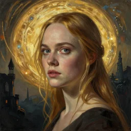 Elle Fanning in the painted world of Ghost in the Shell, head and shoulders masterpiece, apocalypse, golden hour, cosmic horror, artstation, in the style of Andrew Wyeth and Edward Hopper and Bosch, extremely detailed