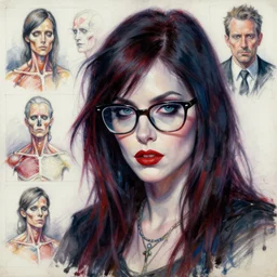 colored oil painting character study of female gothic geek rocker todd solondz, glasses | vivid colors : storyboard, dramatic and emotional, concept design, realistic. by gabriel hardman, joe alves, j. todd anderson, chris bonura. cinematic atmosphere, detailed and intricate, perfect anatomy