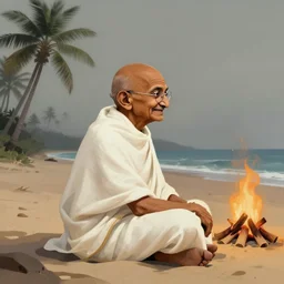 side profile centred painted portrait, gandhi at the beach sitting on the sand next to a campfire with palm trees in the back, gloomhaven, matte painting concept art, art nouveau, beautifully backlit, swirly vibrant color lines, fantastically gaudy, aesthetic octane render, 8 k hd resolution, hyperrealistic, focused, extreme details, masterpiece