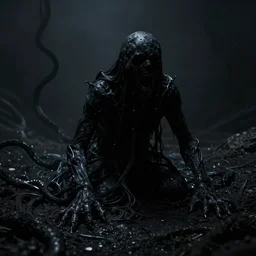 a faceless, amorphous blob of pure blackness slithers through the inky void, searching for something to devour. it comes across a hapless victim who is lost and alone, their screams echoing through the emptiness as they are consumed by the ever - hungry shape. high detail, 4 k