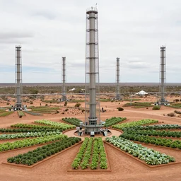 torus shaped electrostatic water condensation collector towers, irrigation system in the background, vertical vegetable gardens in fractal packing,  in the middle of the Alice Springs desert, XF IQ4, 150MP, 50mm, F1.4, ISO 200, 1/160s, natural light