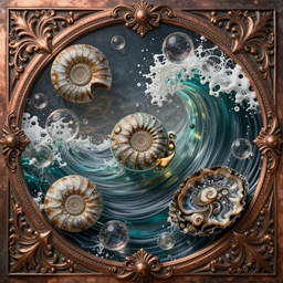 art nouveau bubbles in cresting oil slick waves, ammonites, abalone, ornate copper patina medieval ornament, rococo, organic rippling spirals, octane render