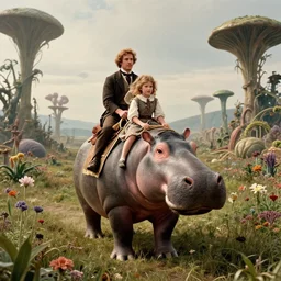 35mm film still from a sci fi blockbuster movie made in 2022, set in 1860, of a family riding on the back of alien hippos, on an alien planet, across an alien landscape that is full of strange wild alien plants and flowers, the family are wearing 1850s era clothes, cinematic lighting, 4k, in focus faces, good quality lighting, good quality photography