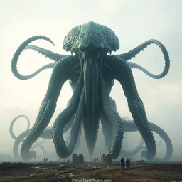 wide angle full body shot of titan sized cthulhu by hr giger, greg rutkowski, luis royo and wayne barlowe, 8 k