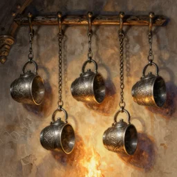 metal medieval mugs hanging on hooks on wall, firelight warm lighting, fantasy, intricate, elegant, highly detailed, digital painting, still life, artstation, concept art, matte, sharp focus, illustration, intricate, highly detailed, digital watercolor, volumetric light, artstation, concept art, distressed, sharp focus, illustration, art by gil elvgren and greg rutkowski and willem kalf and jan philip van thielen