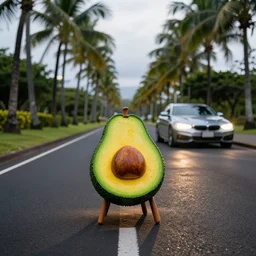 a road in hawai with palm trees on the sides. chair that is made out of an avocado is in the middle of the road with a bmw cae in the background, flashing its lighr onto the chair