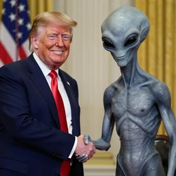 press photo of donald trump shaking hands with a gray alien, 8 k, sharp focus, smiling at the camera, evil gray alien