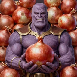 onion thanos holding onions, character portrait, ultra realistic, concept art, intricate details, highly detailed by greg rutkowski, ilya kuvshinov, gaston bussiere, craig mullins, simon bisley, onion hybrid thanos, surrounding onions, smiling and cheerful
