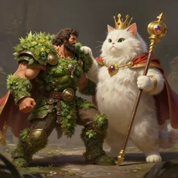 a muscular tunesian man wearing shrubbery armor fighting a fluffy cat king with a crown and a scepter and cape, fantasy, digital painting, volumetric light, intricate, sharp, focus, bloom, illustration, highly detailed, concept art, matte, ruan jia, randy vargas, greg rutkowski