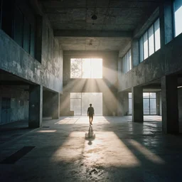 realistic interior of a brutalist museum, (((((blurred silhouette of person walking in the distance))))), sun rays at sunset, hard shadows, volumetric fog, Hyper realistic film photography by Yohji Yamamoto, Zeiss 24mm f2.8, Hasselblad, insanely detailed, sharp focus