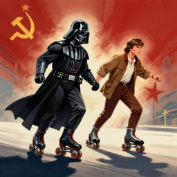 darth vader and luke skywalker on roller skates, soviet propaganda poster