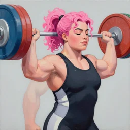 greg manchess portrait of margot robbie as thick very muscular weightlifter zarya from overwatch with ponytail and curly pink hair, eyes closed, medium shot, asymmetrical, profile picture, organic painting, sunny day, matte painting, bold shapes, hard edges, street art, trending on artstation, by huang guangjian and gil elvgren and sachin teng