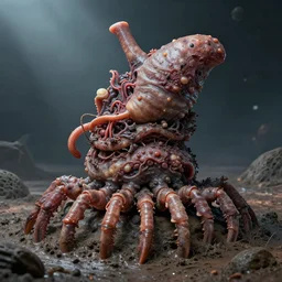 airbrushed vivisected distended gastric warted crustacean tiered, stacked, sunk into the sludge on high grav planet by kelly freas, alex ross, basil gogol fine art masterpiece baked at 3 0 0 f, matte painting, cold lighting, aged with sunlight, award winning horror, photorealistic render, cinematic